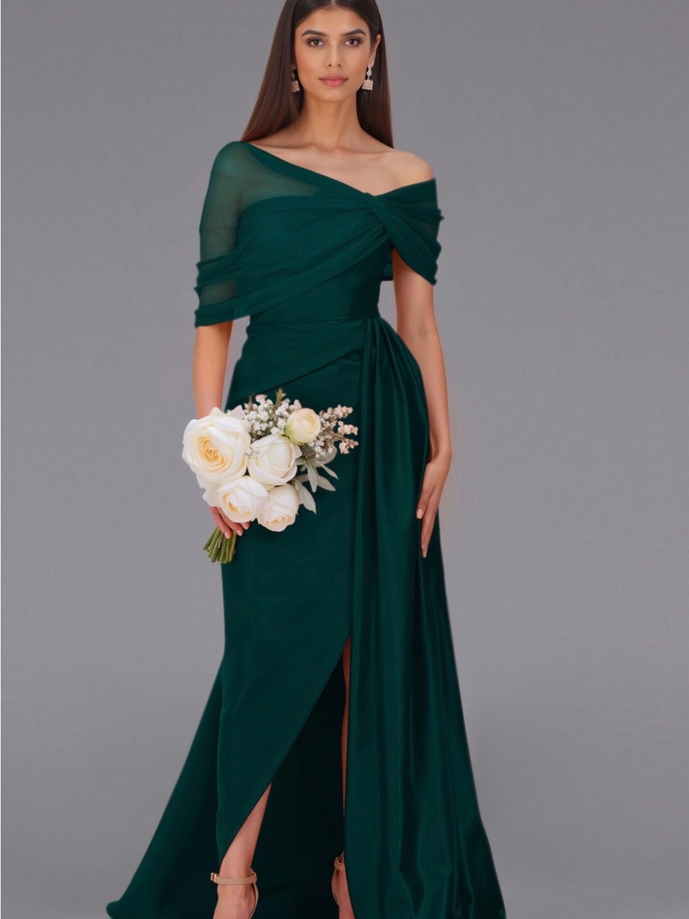 Off-Shoulder Emerald Green Evening Gown